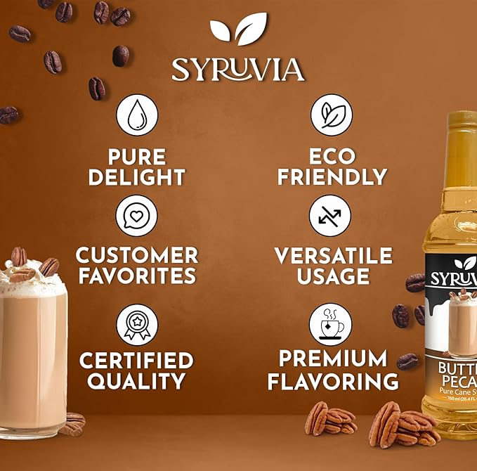 Syruvia Coffee Syrup, Butter Pecan Flavored Syrup for Drinks, Lattes, and Desserts – 25.4 fl oz