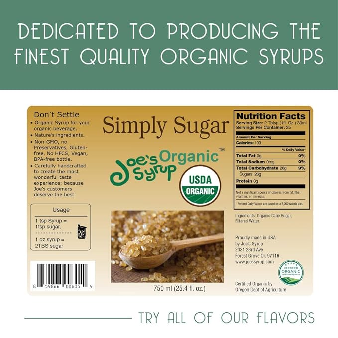 Joe’s Syrup Organic Flavored Syrup, Organic Simply Sugar, 750 ml