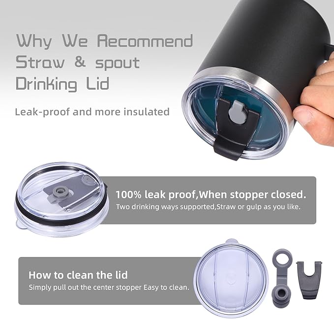 Volhoply 12oz Insulated Leakproof Coffee Mug with Flip & Straw Lid Bulk 2 Pack,Double Wall Vacuum Stainless Steel Travel Tumbler Cup with Handle,Reusable Camping Mugs Keep Cold/Hot(Black,2 Set)