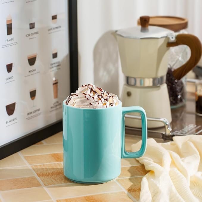 E-liu Porcelain Tea Mugs Coffee Mug Set, Large 15 Ounces Cups for Coffee, Tea, Cocoa, and Mulled Drinks, Set of 6, Turquoise