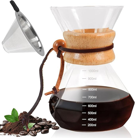 Pour Over Coffee Pot Set 1000ml Features 304 Stainless Steel Filter Glass Coffee Pot with High Borosilicate Glass Duckbill Spout Design Solid Wood Handle Pour Over Coffee Drippers Daily Brewing