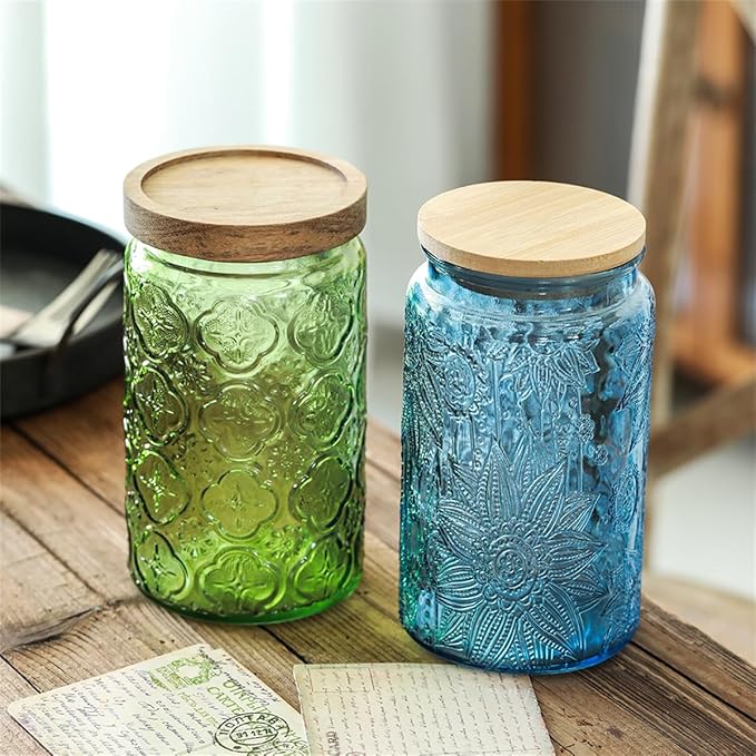 ANSQU Vintage Glass Jar with Solid Wood Lid, 34 FL OZ Blue Sunflower Decorative Jar, Glass Food Storage Container for Coffee, Tea Bags, Nuts, Sugar, Jam, Pet Food (Blue, 1 Pack)