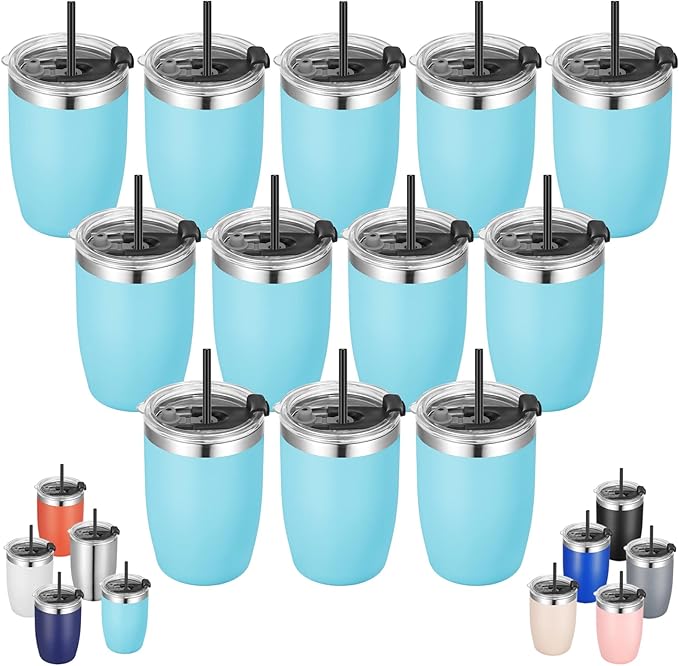 VEGOND Stainless Steel 12 oz Tumblers bulk Vacuum Insulated Double Wall Travel Tumbler with Lid and Straw Reusable Tumbler,Sky Blue 12 pack
