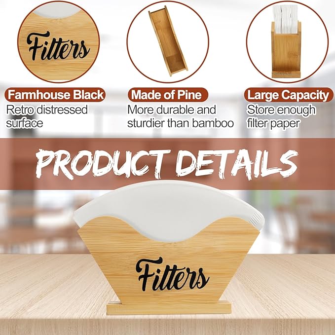 Juexica Farmhouse Cone Coffee Filter Holder Storage number 4 Rustic Wood Holder Organizer Counter Mount for Square Cone Shaped Flat Bottomed Paper(Bamboo Color)