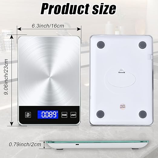Food Kitchen Scale, 33lb Digital Food Scale Precisely Measures Grams and Ounces for Baking and Cooking, Rechargeable 304 Stainless Steel Kitchen Scale for Food with LCD Display, Batteries Included