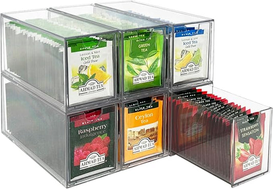 6-Pack Tea Bag Drawers Organizer - 6 Clear Plastic Drawer Tea Bag Holder; Stackable & Portable; Wider Size; Well-Organized Storage for Tea Bags Storage Chests；High Volume