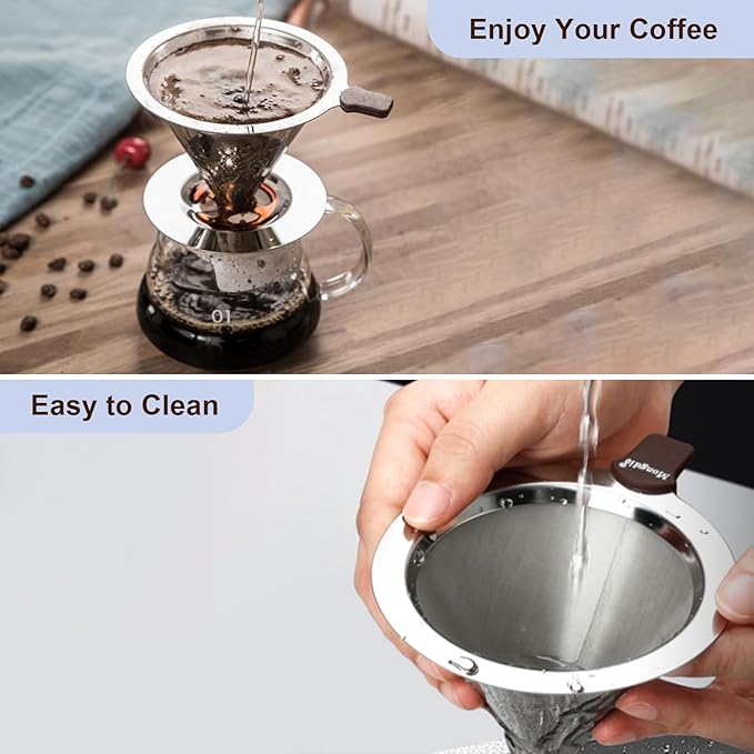 Stainless Steel Pour Over Coffee Dripper, Reusable Fine Mesh Filter for 1-2 Cups, Paperless Coffee Maker for Home, Travel, Camping