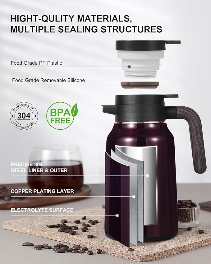 Carafes for Hot Liquids 51 oz - 12 Hour 2 PCS Stainless Steel Thermal Coffee Carafe-Insulated Coffee Carafes For Keeping Hot/Cold Coffee, Tea, Water, 1.5 Liter Beverage Dispenser(red/red)