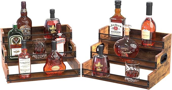 Liquor Bottle Display Shelf, Coffee Syrup Rack Organizer, 2 Pack 3 Step Countertop Liquor Wine Rack, Coffee Station Organizer with Fences & Handles, Home Retro Bar Shelf Stand for Liquor Whiskey