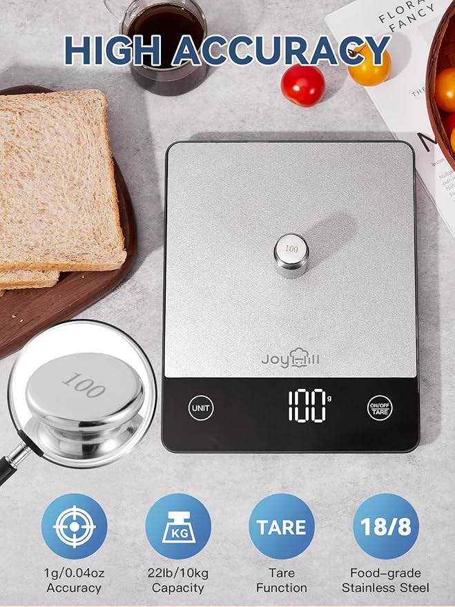 JOYHILL Food Scale, 22lb Digital Kitchen Scale Food Ounces and Grams for Weight Loss, Baking and Cooking, Premium Stainless Steel Food Weight Scale with LED Display, Batteries Included, Silver