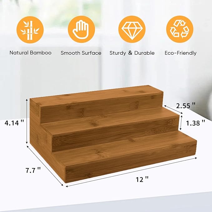 Bamboo Spice Rack Organizer for Cabinet 3 Tier Countertop Step Spice Shelf for Kitchen Storage and Organizer (Brown - 2 Pack)