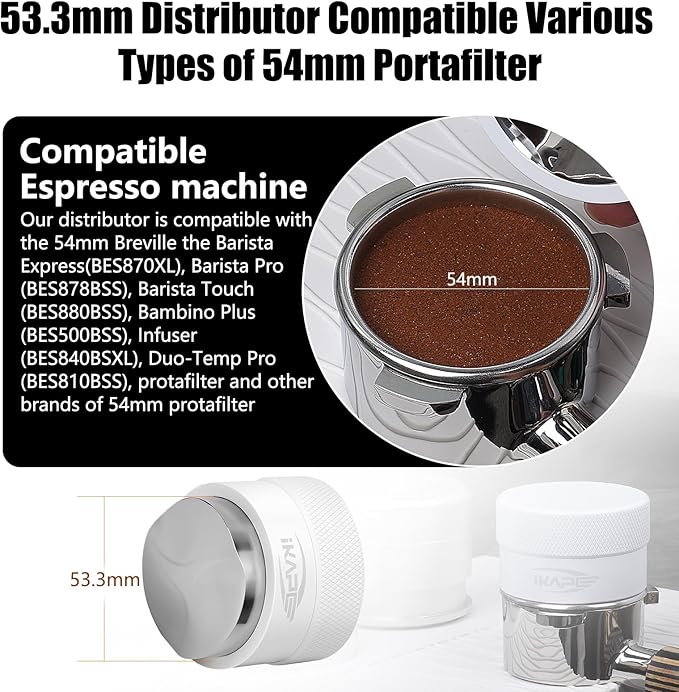 IKAPE 53MM Coffee Distributor, Gravity Adaptive Espresso Distributor Fits All 54MM Espresso Portafilter, Compatible with 54MM Breville Bottomless Portafilter (White)