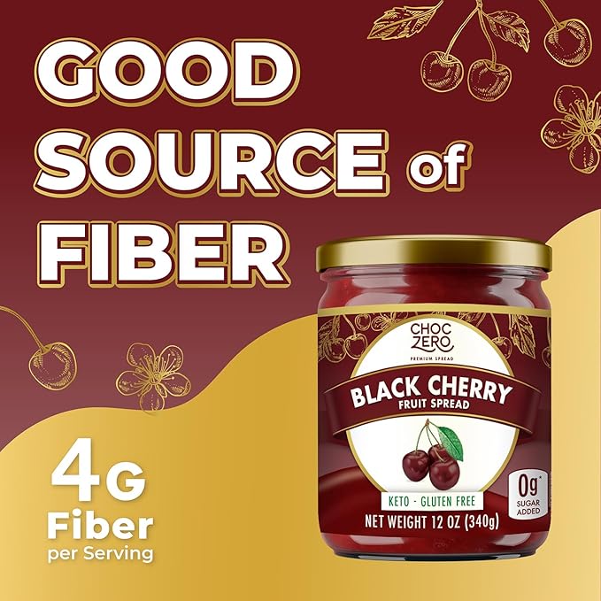 ChocZero Keto Black Cherry Jam - No Sugar Added, Low Carb, Keto Friendly, High in Fiber, Gluten Free, Naturally Sweetened with Monk Fruit (1 jar, 12 oz)