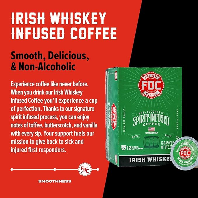 Fire Department Coffee - Irish Whiskey Coffee K Cups - Gives Back to Firefighters - Whiskey Infused Pods - Non-Alcoholic - Roasted in the USA - Veteran Owned - 24 Single Pods