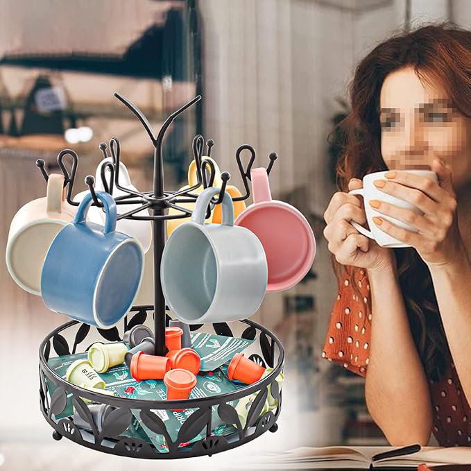VANRA Coffee Mug Holder Stand 6 Hooks Rotating Mug Rack Countertop with Coffee Pod Basket Storage for Kitchen Counter Organizer, Black Steel (360 Rotating)