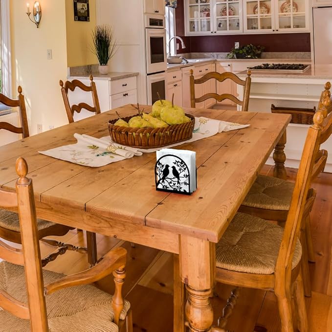 Birds on Branch Decorative Black Metal Napkin Holder for Table, 4.9" x 4.9" x 1.9" Standing Napkin Holder for Home Kitchen Restaurant Picnic Party Coffee Bar Dining Room
