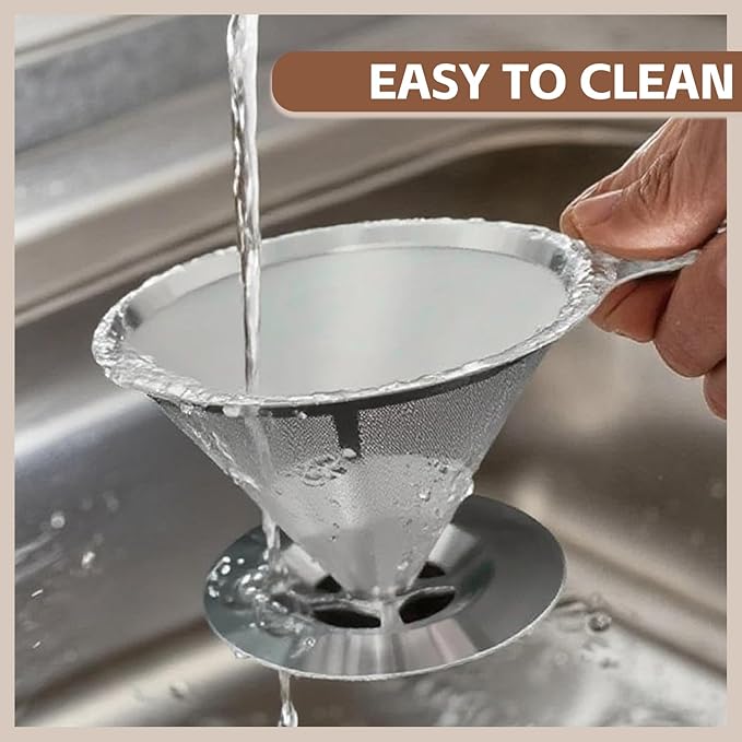 Pour Over Coffee Dripper Stainless Steel Coffee Filter Metal Cone Filter Extra Fine Wire Mesh Reusable Coffee Filter Coffee Maker (Silver, 1-6 Cups)