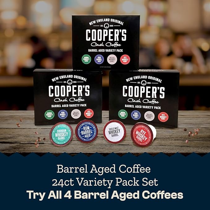 Cooper’s Cask Coffee Bourbon Barrel Aged Coffee Pods Variety Pack Set - Single Serve Cups, Bourbon, Rye Whiskey, Malt Whiskey, Rum Flavors, 24ct