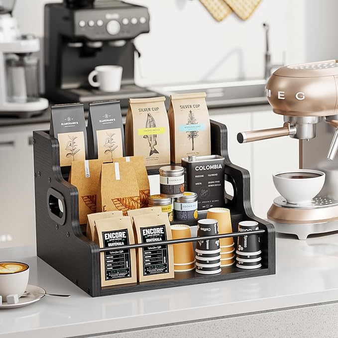 KLM Liquor Bottle Display Shelf, Coffee Syrup Rack Organizer, 3 Step Countertop Liquor Wine Rack, Mini bar,Liquor Cabinet, Home Retro Bar Shelf Stand for Liquor Whiskey, Spirits（Black）