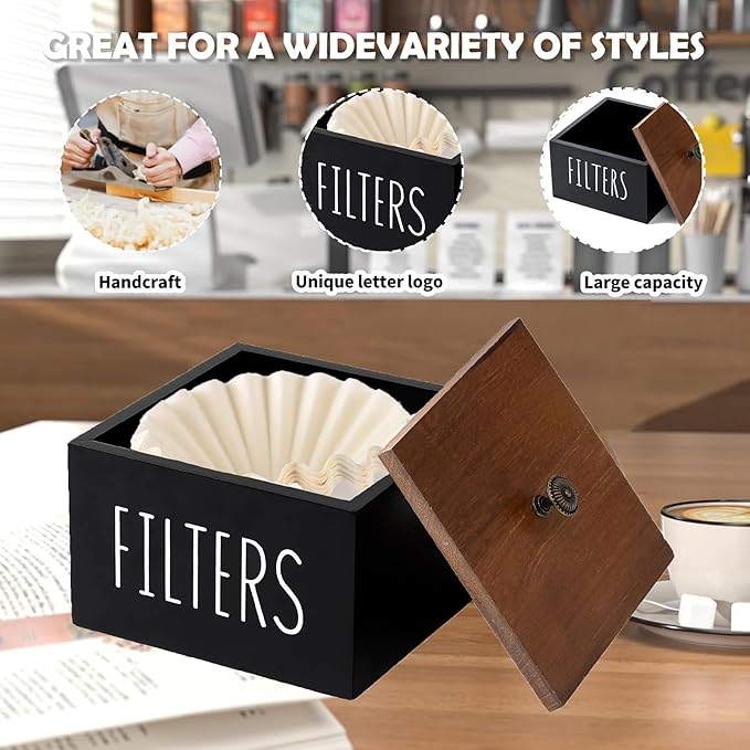Coffee Filter Holder, Wooden Coffee Filter Container Coffee Filter Storage with Lid, Rustic Coffee Filter Dispenser Basket for Coffee Bar Decor, Farmhouse Coffee Bar Accessories (Black)