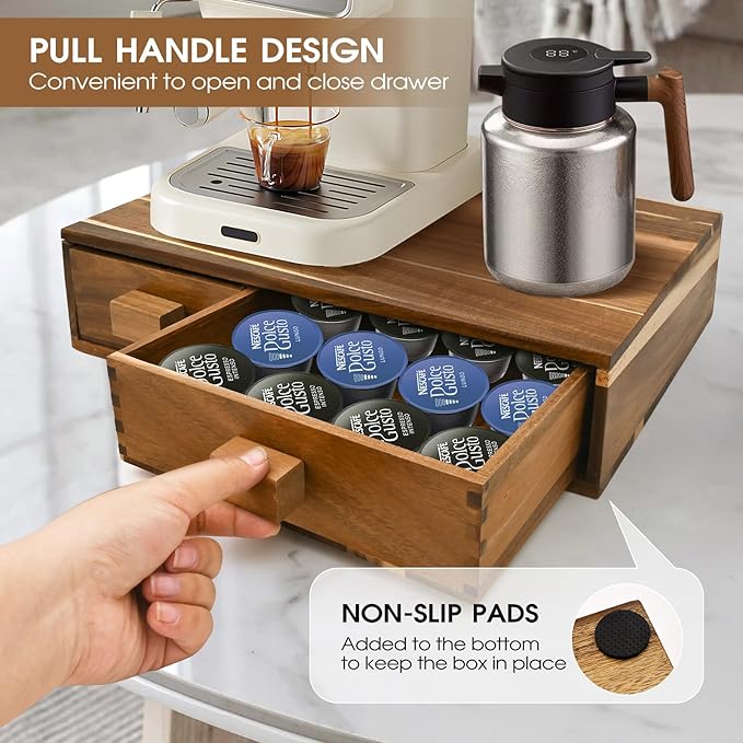 Acacia Wood K Cup Holder，Coffee Pods and Tea Bag Storage Organizer，with Two Drawers Kcup Holders for Counter，Multi-Functional Coffee Maker Stand