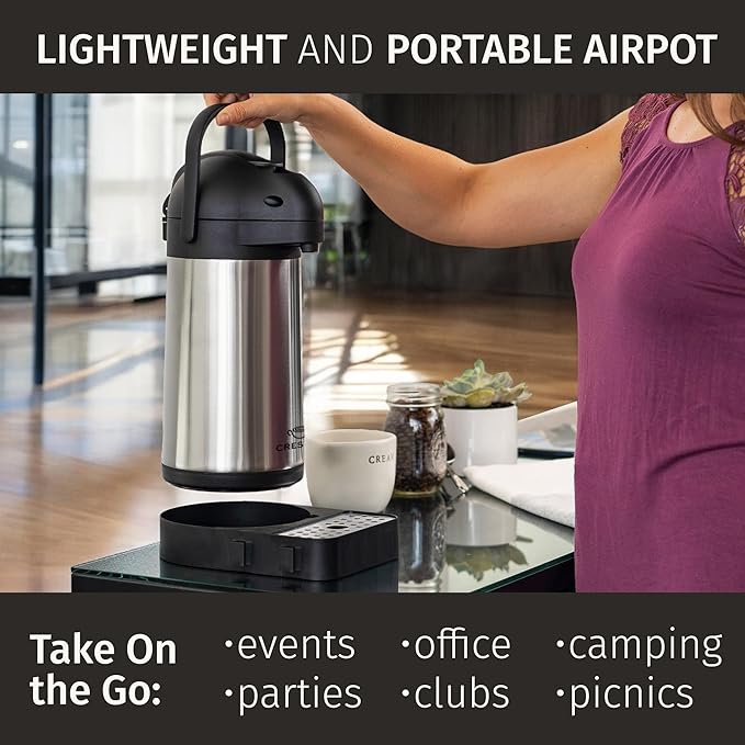 Coffee Carafe with Pump & Drip Tray - 74oz / 2.2L, 12 Hours, Thermal Carafe for Hot Liquids, Water Dispenser, Airpot Coffee Dispenser with Pump, Insulated Air Pot, Large Carafe for Hot Drinks