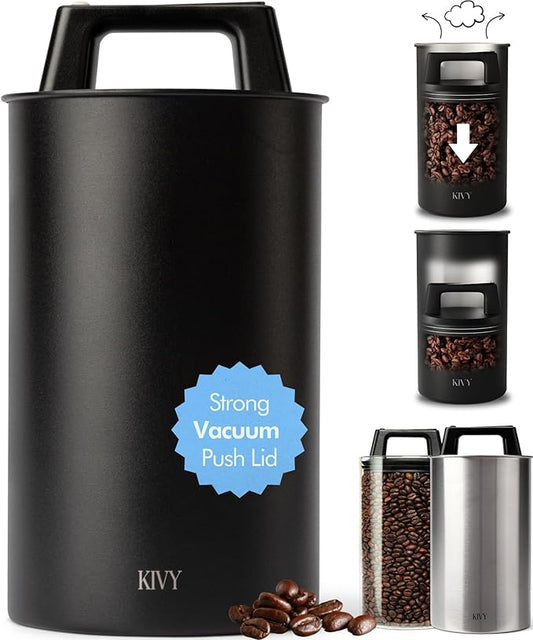 KIVY Vacuum Coffee Canister - Push Lid Preserves Coffee Aroma & Oil - Stainless Steel Airtight Coffee Canister - Container for Ground & Coffee Bean Storage - Coffee Storage Jar - Removes Excess Air