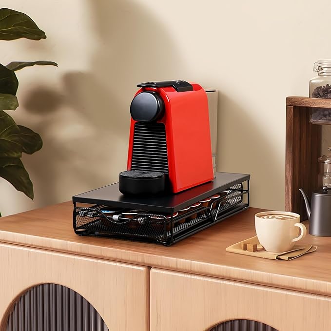 Coffee Pod Holder is Pull-Out and has an Adjustable Lever, K Cup Holder, Coffee Pod Organizer, Making It Easy to Store, Made of Black Metal