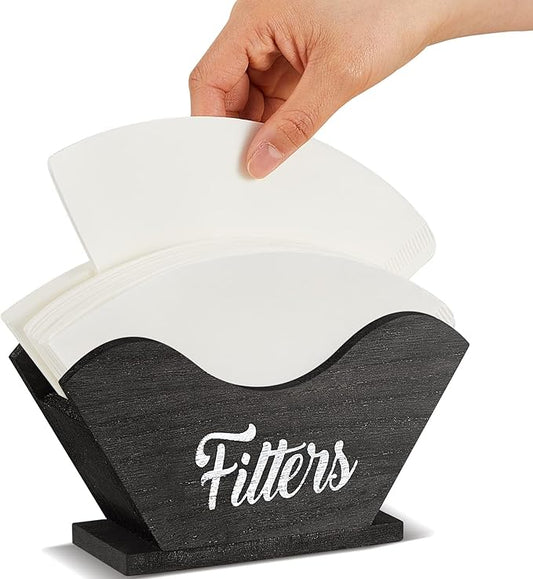 Juexica Farmhouse Cone Coffee Filter Holder Storage number 4 Rustic Wood Holder Organizer Counter Mount for Square Cone Shaped Flat Bottomed Paper(Black)