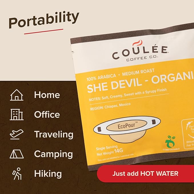 Coulée EcoPour Coffee Variety Pack, All Paper Single Serve Coffee, Use for Camping or Traveling, Pre Filled Compostable Filters, Ready to Brew with Hot Water, Plastic Free, Includes 4 Flavors, 20 Pack