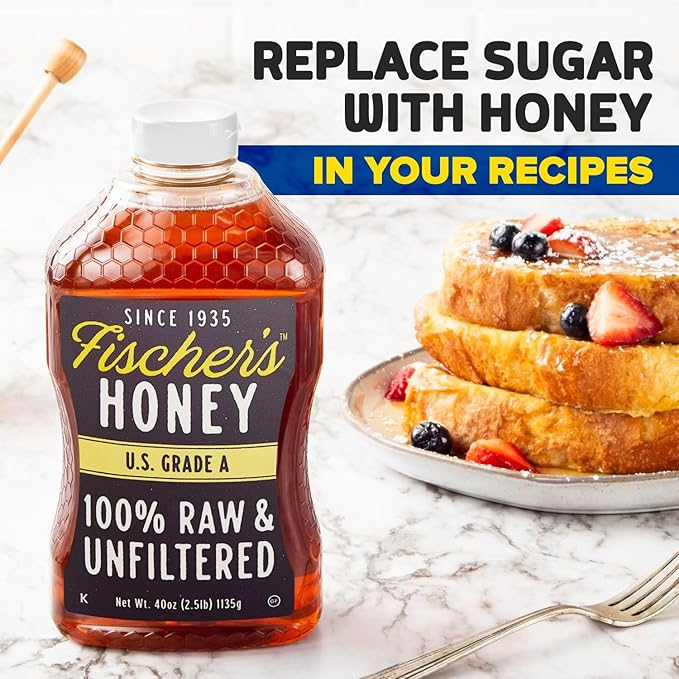 Fischer’s 100% Pure, Raw & Unfiltered Honey, 40 oz – USA Made Honey – All-Natural Sweetener – Rich Flavor Profile, Packed with Nutrients (Pack of 2)