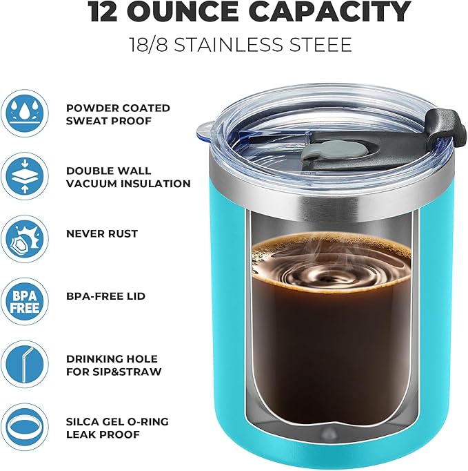 MEWAY 12 oz Lowball, Tumbler Stainless Steel Double Wall Vacuum Insulated Mug with Straw and Lid, Cleaning Brush ，Durable Powder Coated Insulated Coffee Cup for Cold & Hot Drinks (Light Blue,4 pack)