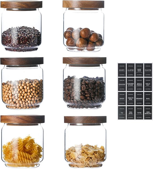 Glass Jars with Wood Lids 6 Pack with 112 Labels, 15 OZ Storage Food Canister for Coffee| Sugar| Snacks| Nuts