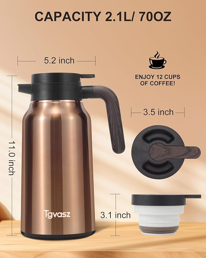 Thermal Coffee Carafe 70 oz - 36 Hour Hot (Fullness of Carafe) Carafes for Hot Liquids-Insulated Coffee Carafes For Keeping Hot/Cold Coffee, Tea, Water, Drink Dispenser for Parties(Gold)