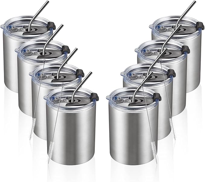 MEWAY 12oz/8Pack Coffee Mug With Lid, Insulated Stainless Steel Reusable Coffee Cup, Double Wall Durable Coffee Mug, Powder Coate，For Coffee, Beer, Home, Office(Silver,8 Pack)