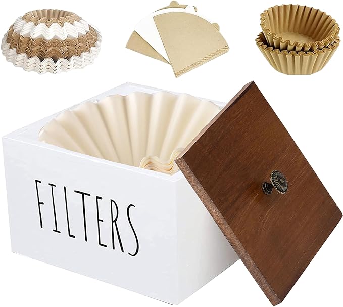 Wooden Coffee Filter Holder - Container With Lid, Rustic Dispenser Basket for Bar Decor, Farmhouse Accessories (White)