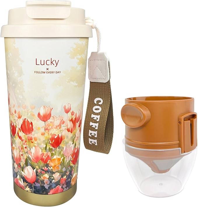 17oz Camping Coffee Makers with Ceramic Coating,Camp Pour Over Coffee Maker Set,Double Wall Vacuum Leak-Proof Mug for Office School Party Camping,Tea Infuser Mug for Loose Leaf Tea (17oz Lucky Tulip)