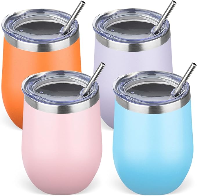 12oz/4 Pack Stainless Steel Wine Tumbler with Lid and Straw, Double Wall Vacuum Insulated Wine Tumbler Glasses, Stemless Travel Mugs for Hot and Cold Drinks, Coffee, Wine, Cocktails