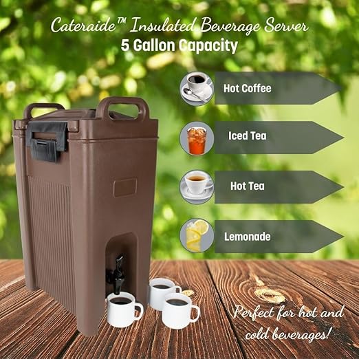 Carlisle FoodService Products 5-Gallon Insulated Beverage Dispenser, Cateraide, Food-Grade with Handles, Rugged PE Shell with PU Insulation for Coffee, Tea and Hot or Cold Drinks, Brown - Made in USA
