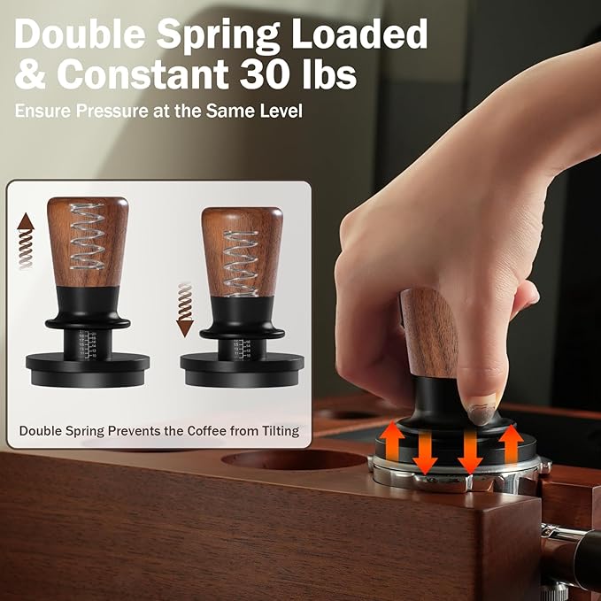 PUSEE 58mm Espresso Tamper,Calibrated Tamper with 30lbs Double Spring Loaded Tamper Walnut Wood Coffee Tamper for Barista Home,Titanium PVD Coating Base Tamper Espresso Tool Fits 58mm Portafilters