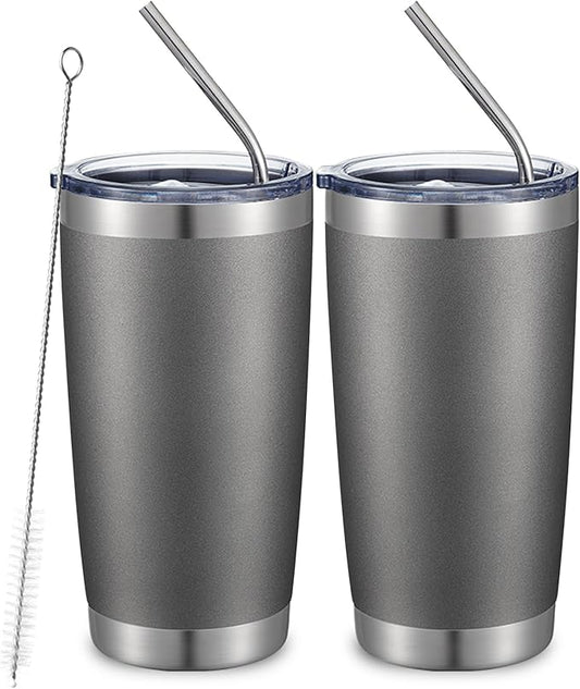 COMOOO 20oz Double Wall Vacuum Insulated Travel Mug, Stainless Steel Tumbler with Lid and Straw Durable Powder Coated Insulated Coffee Cup for Cold & Hot Drinks (Grey. 2 pack