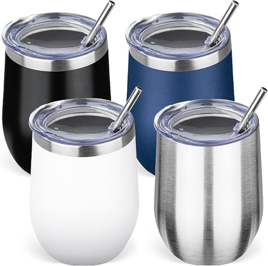12oz/4 Pack Stainless Steel Wine Tumbler with Lid and Straw, Double Wall Vacuum Insulated Wine Tumbler Glasses, Stemless Travel Mugs for Hot and Cold Drinks, Coffee, Wine, Cocktails