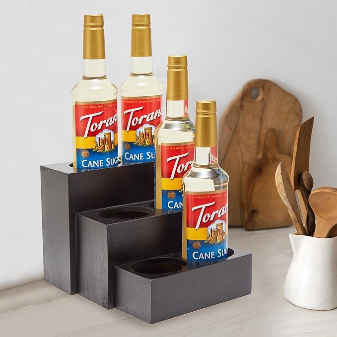 Black Wood Coffee Syrup Rack Organizer, 3 Tier Syrup Bottle Holder for Coffee Bar, 6 Bottles(750ml) Storage Stand for Syrup, Wine, Dressing for Kitchen Coffee Station(3 Separate Pieces)