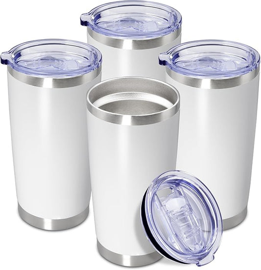 20 oz Tumbler Coffee Travel Tumblers Bulk with Lid Stainless Steel Double Wall Vacuum Insulated Mug Powder Coated Cups fit Car Cupholder for Hot and Cold - White, 4Pack