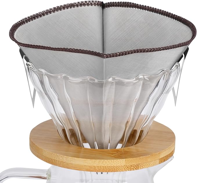 Stainless Steel Pour Over Coffee Filter Reusable - Foldable Metal Coffee Filter with Hanging Ears, Compatible with Chemex & Glass Coffee Drippers (4-6 Cups, Silver)