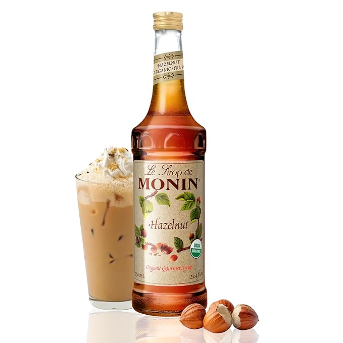Monin - Organic Hazelnut Syrup, Nutty Taste of Caramelized Hazelnut, Natural Flavors, Great for Mochas, Lattes, Smoothies, Shakes, and Cocktails, Non-GMO, Gluten-Free (750 ml)