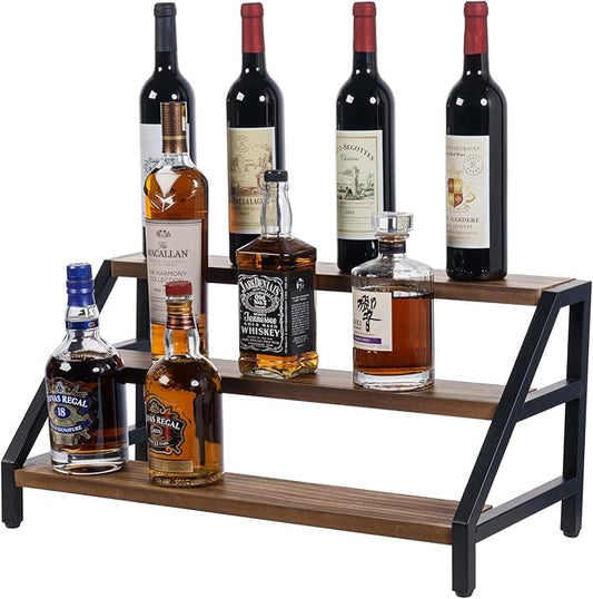 MyGift 3-Tier Wine Rack, Industrial Rustic Wood & Black Metal Countertop Organizer, Stair Step Shelf for Liquor Bottles, Glasses, Barware - Kitchen, Home Bar, Commercial Use