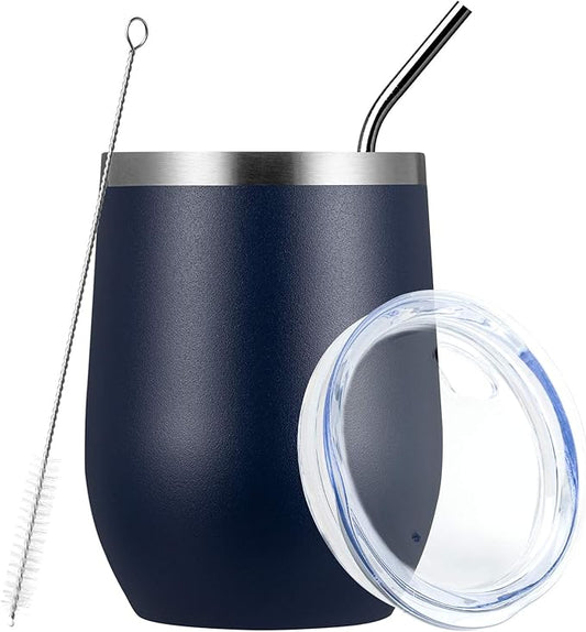 MEWAY Stemless 12oz Wine Tumbler Glasses with Lid -Insulated Double Wall Vacuum Stainless Steel Travel Tumbler with Straw,for Woman Under 10 dollars (Navy,1)