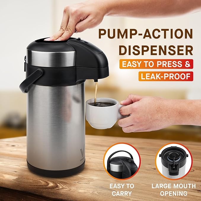 Airpot Coffee Dispenser with Pump - 140 oz Insulated Stainless Steel Coffee Carafe - Thermal Beverage Dispenser - Coffee Urn for Hot/Cold Water, Party Chocolate Drinks