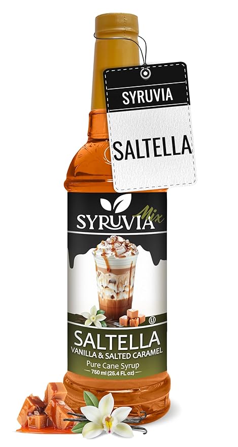 Syruvia Coffee Syrup, SALTELLA Syrup, Vanilla Salted Caramel Flavored Syrup for Drinks, Lattes, and Desserts – 25.4 fl oz,